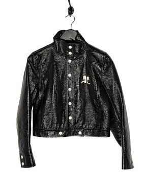 Courrèges Black Vinyl Cropped Biker Jacket